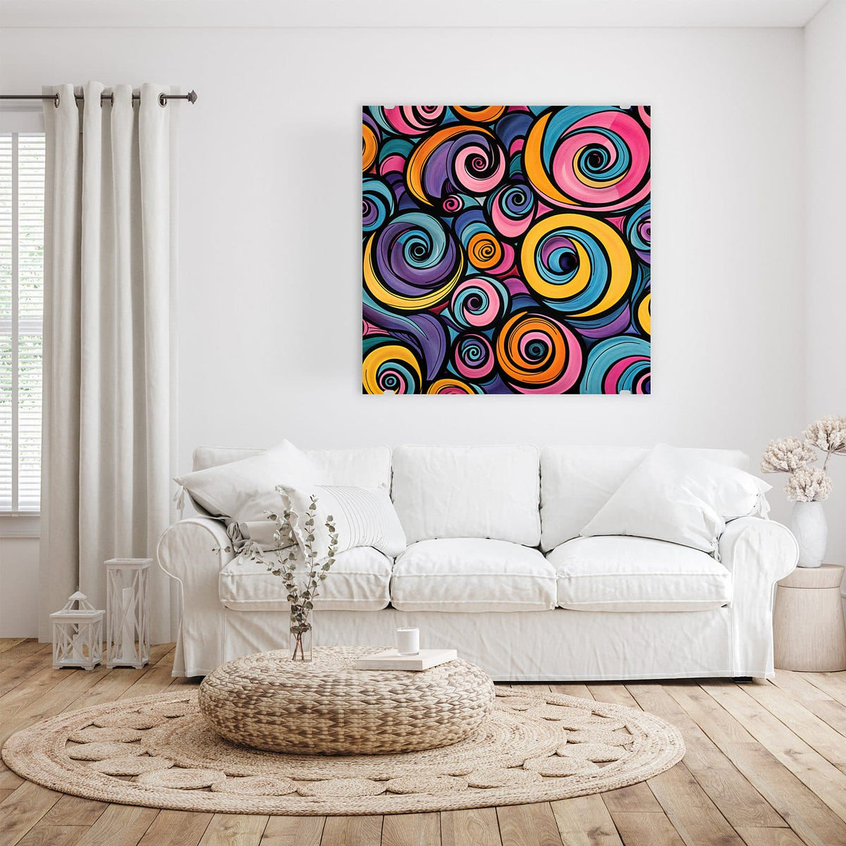 Glasbild Farbige Spiralen an der Wand – Dicht gepackte Spiralen in Pink, Orange, Blau und Violett mit schwarzen Konturen