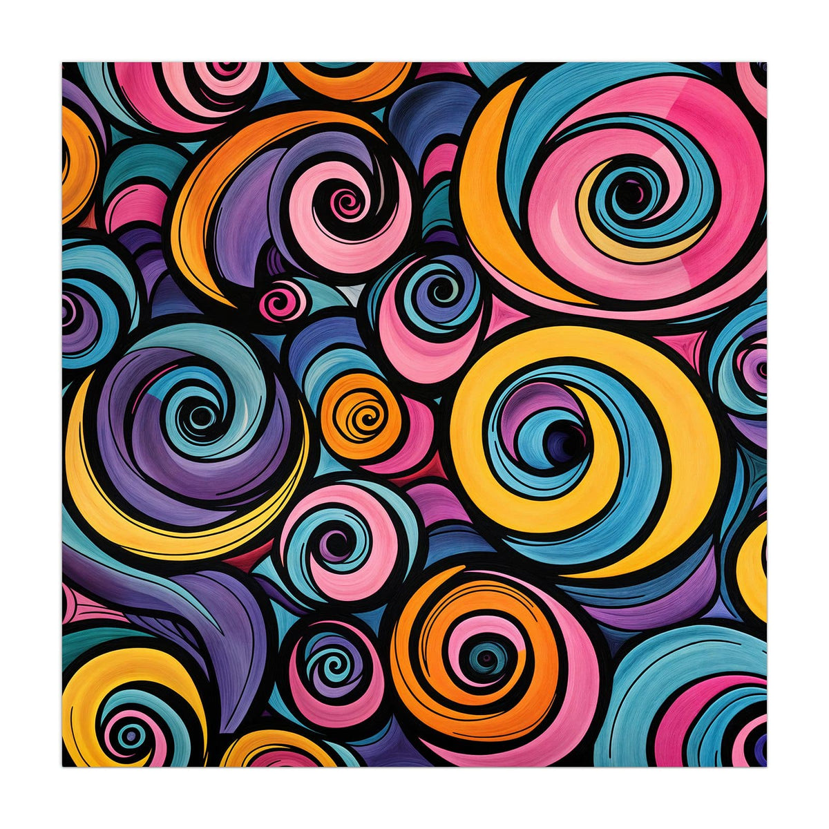 Dicht gepackte Spiralen in Pink, Orange, Blau und Violett mit schwarzen Konturen