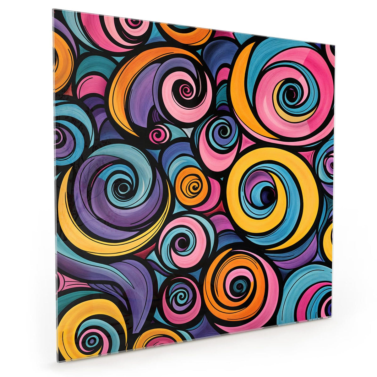 Küchenrückwand aus Glas im quadratischen Format mit Motiv Farbige Spiralen: Dicht gepackte Spiralen in Pink, Orange, Blau und Violett mit schwarzen Konturen #grösse_40 x 40 cm #grösse_50 x 50 cm #grösse_60 x 60 cm