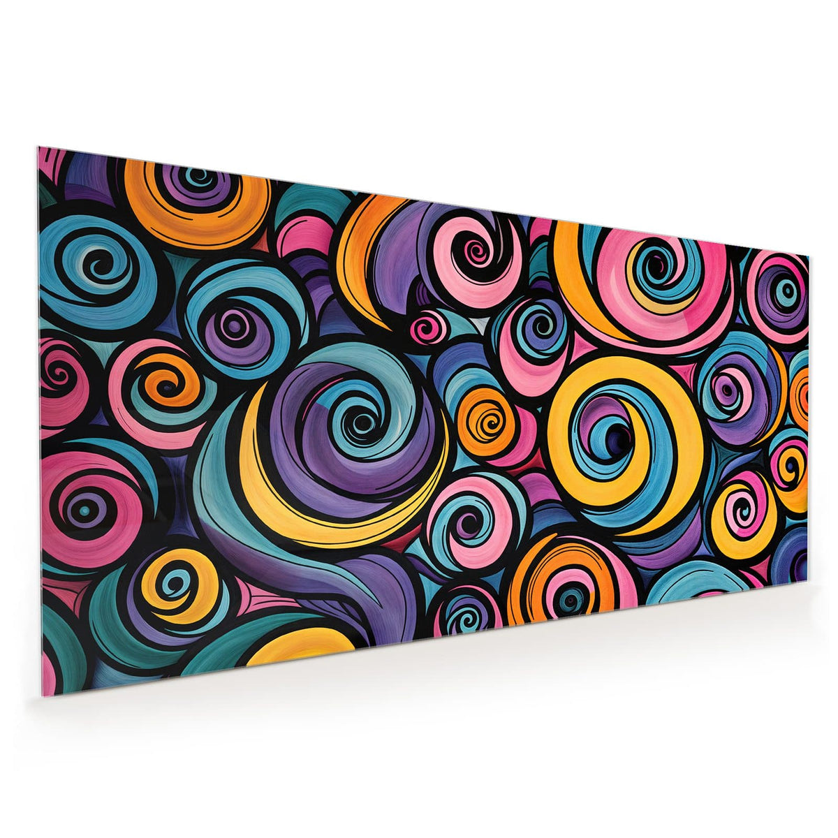 Küchenrückwand aus Glas im Hochformat mit Motiv Farbige Spiralen: Dicht gepackte Spiralen in Pink, Orange, Blau und Violett mit schwarzen Konturen