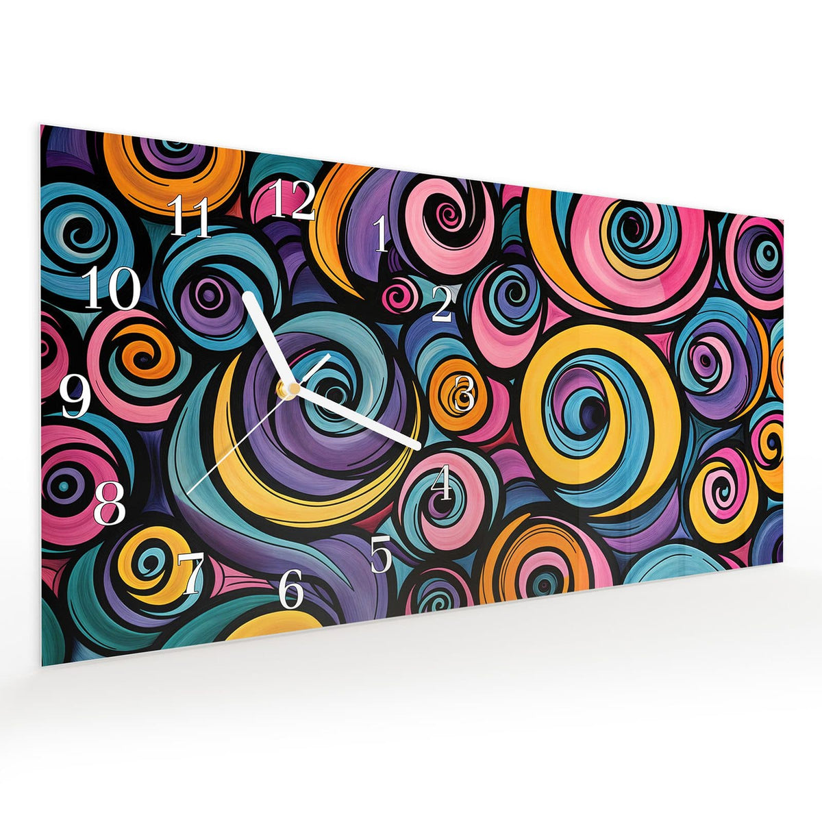 Vormontiert – mit Schwebeeffekt – Wanduhr Farbige Spiralen aus Glas – Querformat 60 × 30 cm