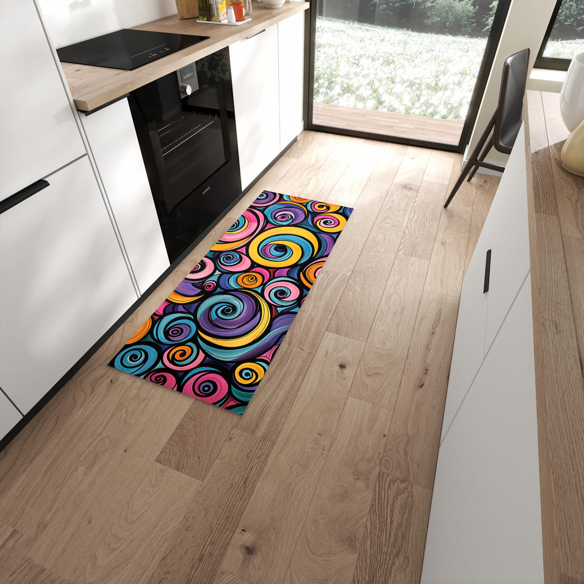 Waschbarer großer Küchenteppich mit Motiv Farbige Spiralen in moderner Küche #grösse_60 x 150 cm