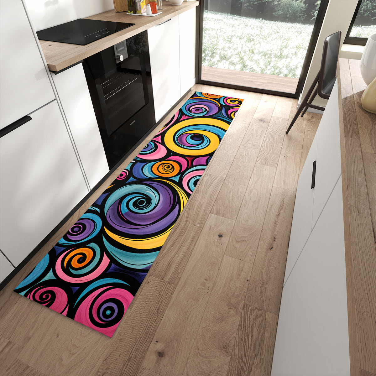 Feuchtigkeitsresistenter Küchenläufer mit Motiv Farbige Spiralen in moderner Küche