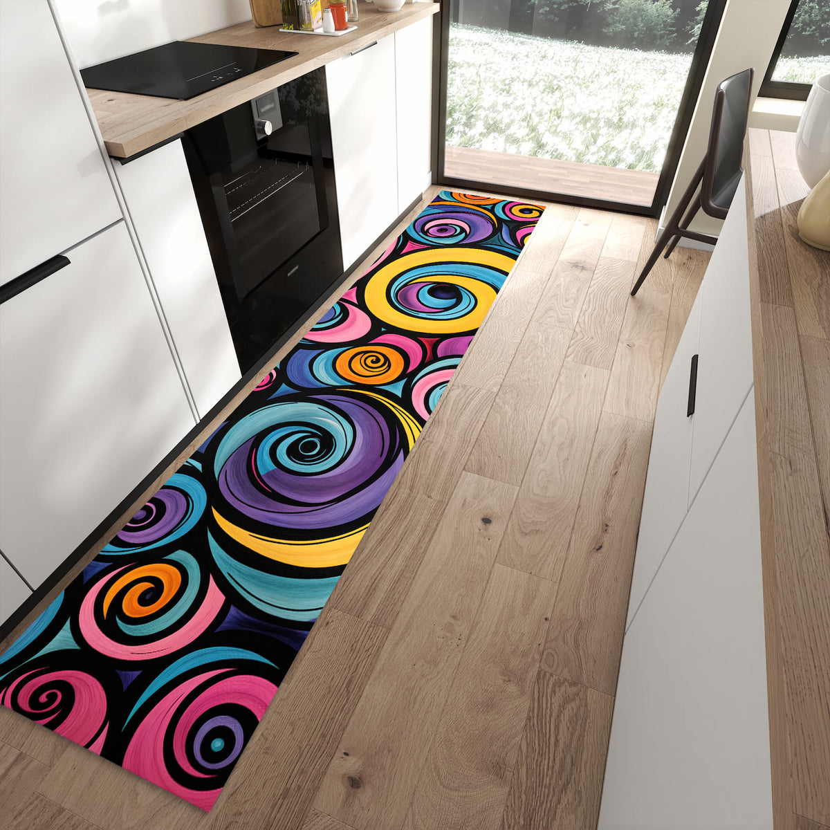 Bodenschonender Küchenläufer mit Motiv Farbige Spiralen in moderner Küche