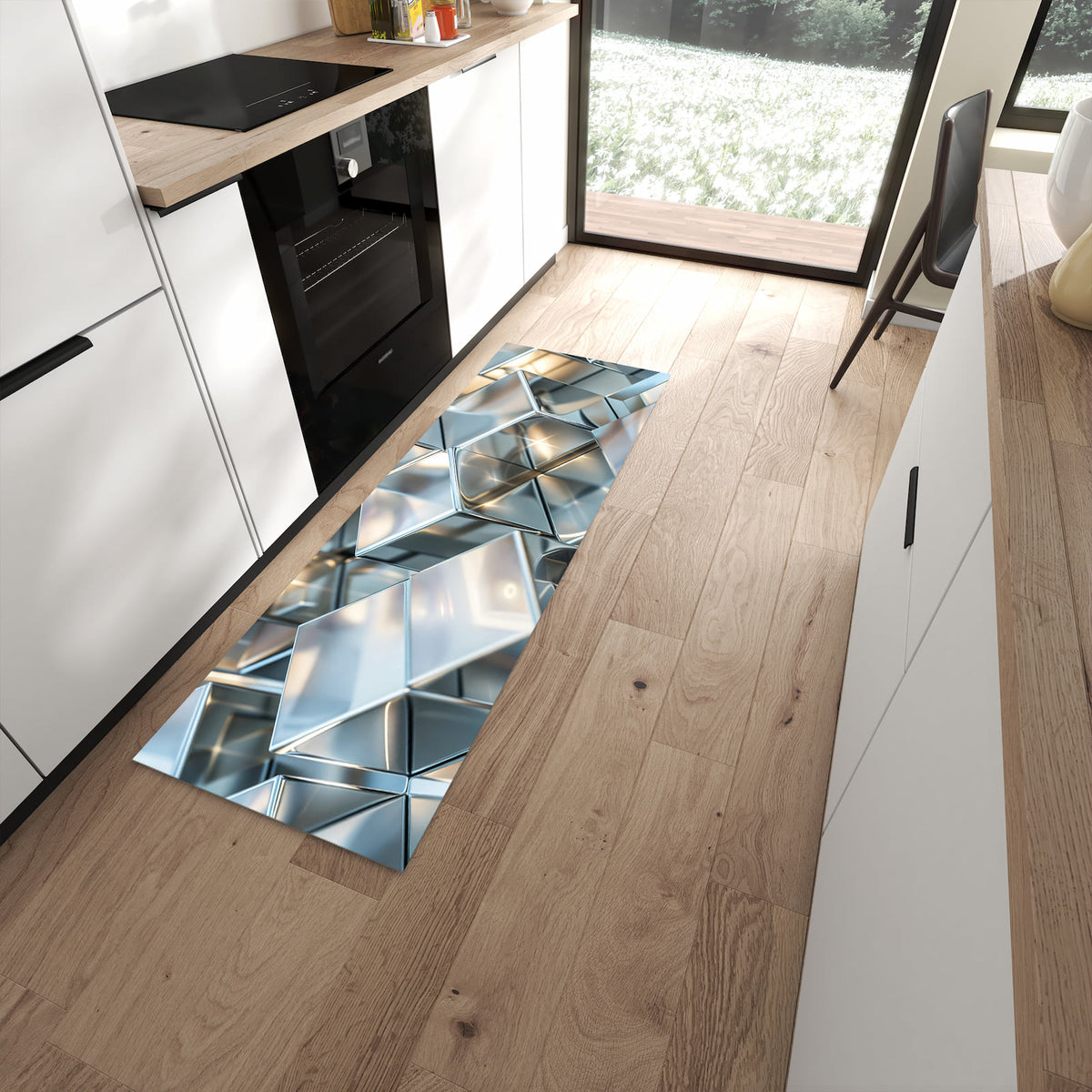 Fleckenresistenter waschbarer Teppich mit Motiv Metallische Würfel in moderner Küche