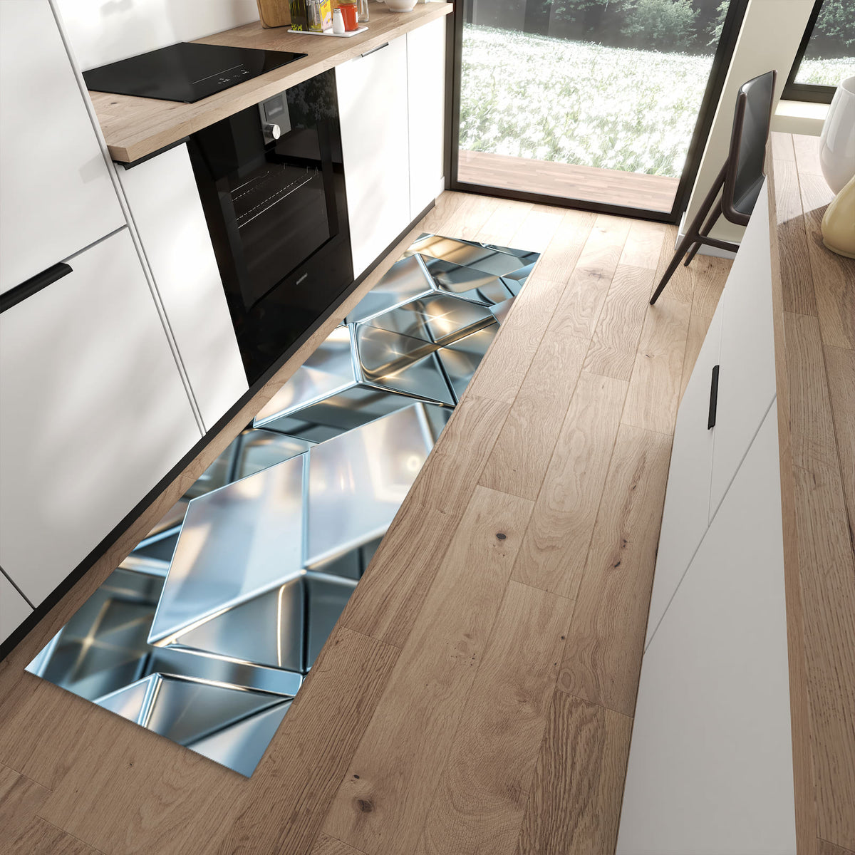 Schmutzabweisender Teppich für Esstisch mit Motiv Metallische Würfel in moderner Küche