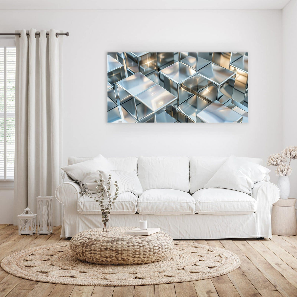 Wandbild - Metallische Würfel - Querformat – Reflektierende Würfel in Silber