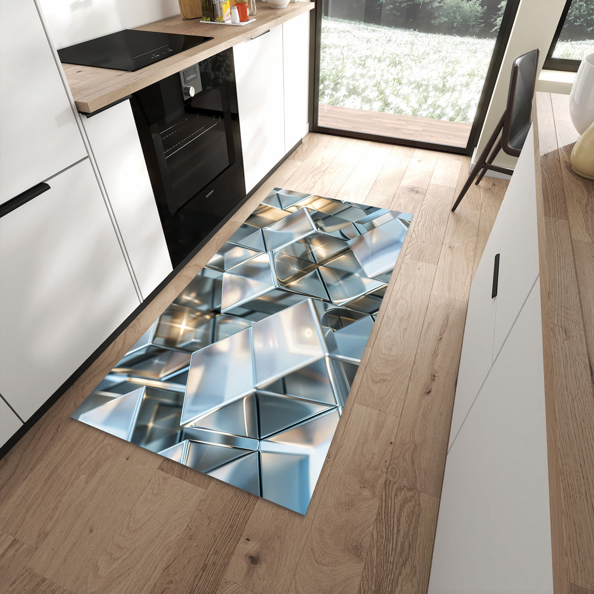 Küchenteppich mit Motiv Metallische Würfel für angenehme Haptik in moderner Küche