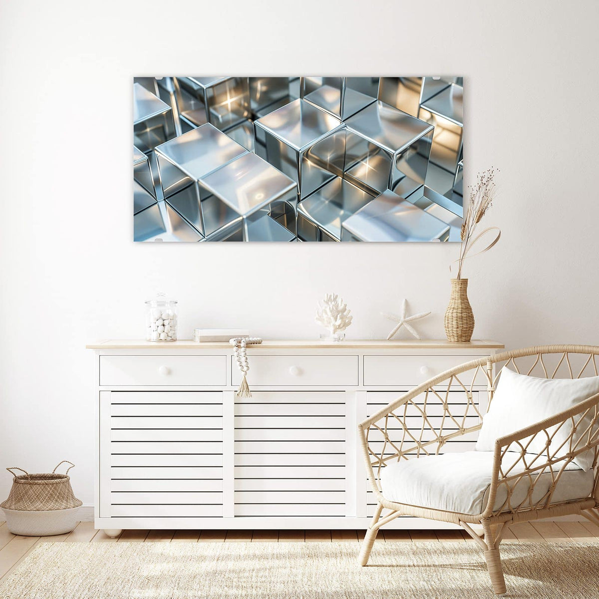Echtglas, 4 mm – kein Acryl, keine Folie – Wandbild - Metallische Würfel - Querformat