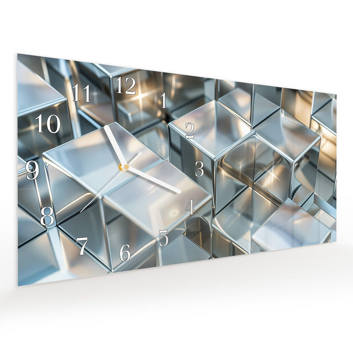 Vormontiert – mit Schwebeeffekt – Wanduhr Metallische Würfel aus Glas – Querformat 60 × 30 cm