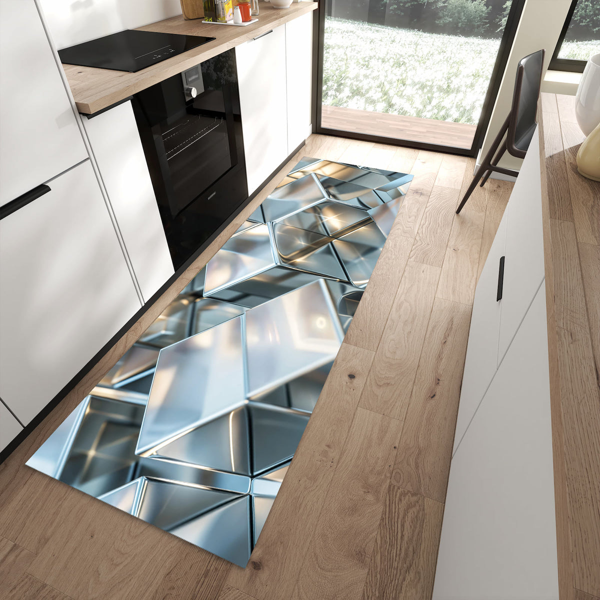 Komfortabler waschbarer Küchenteppich mit Motiv Metallische Würfel in moderner Küche