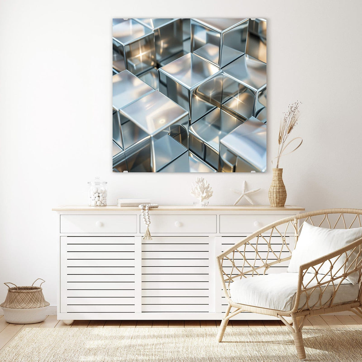 Echtglas, 4 mm – kein Acryl, keine Folie – Wandbild - Metallische Würfel - Quadratisch