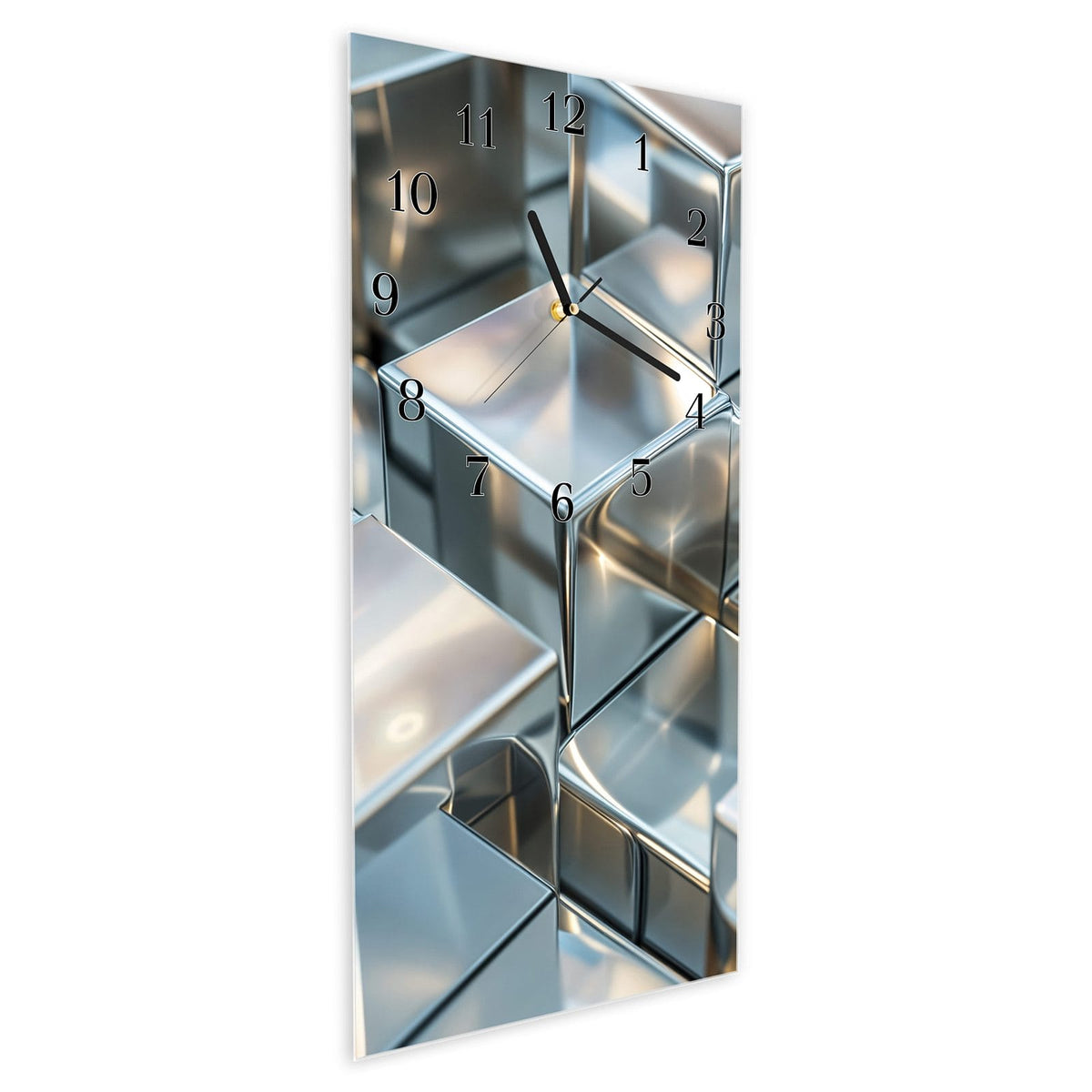 Vormontiert – mit Schwebeeffekt – Wanduhr Metallische Würfel aus Glas – Hochformat 30 × 60 cm