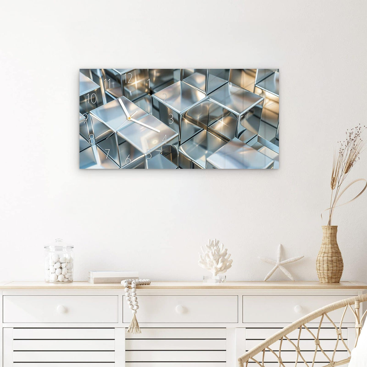 Wanduhr Metallische Würfel aus Glas – Querformat 60 × 30 cm – Reflektierende Würfel in Silber