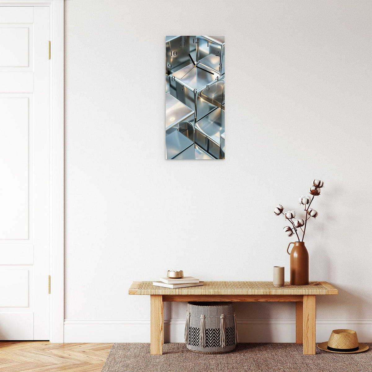 Moderne Wanduhr aus Glas mit Farbtiefe – Wanduhr Metallische Würfel aus Glas – Hochformat 30 × 60 cm