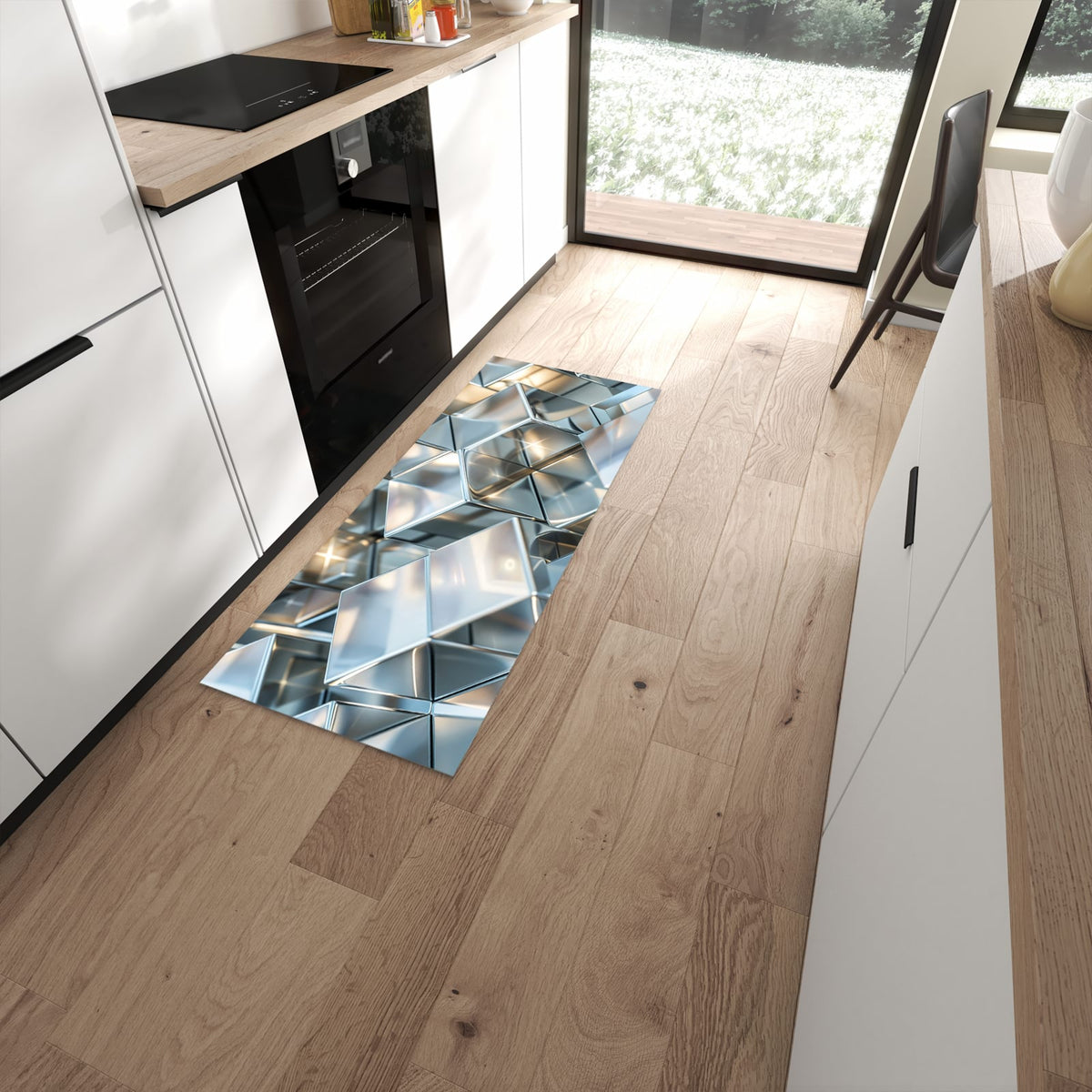 Waschbarer dünner Küchenteppich mit Motiv Metallische Würfel in moderner Küche #grösse_60 x 150 cm