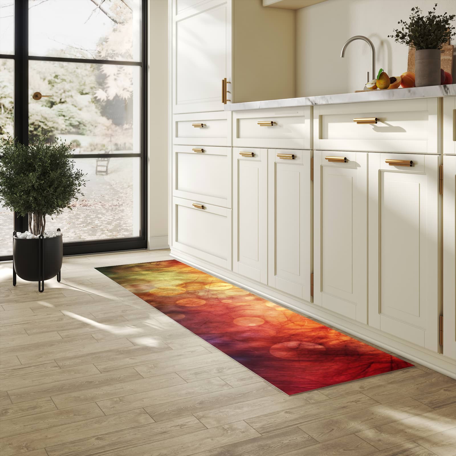 Hygienischer moderner Küchenläufer mit Motiv Abstrakte Kreise in heller Küche