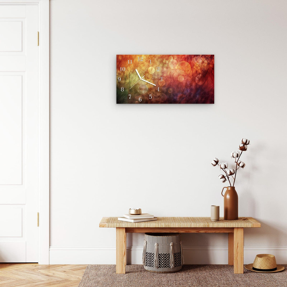 Moderne Wanduhr aus Glas mit Farbtiefe – Wanduhr Abstrakte Kreise aus Glas – Querformat 60 × 30 cm