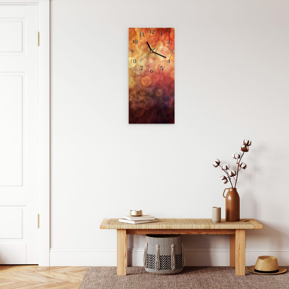 Moderne Wanduhr aus Glas mit Farbtiefe – Wanduhr Abstrakte Kreise aus Glas – Hochformat 30 × 60 cm