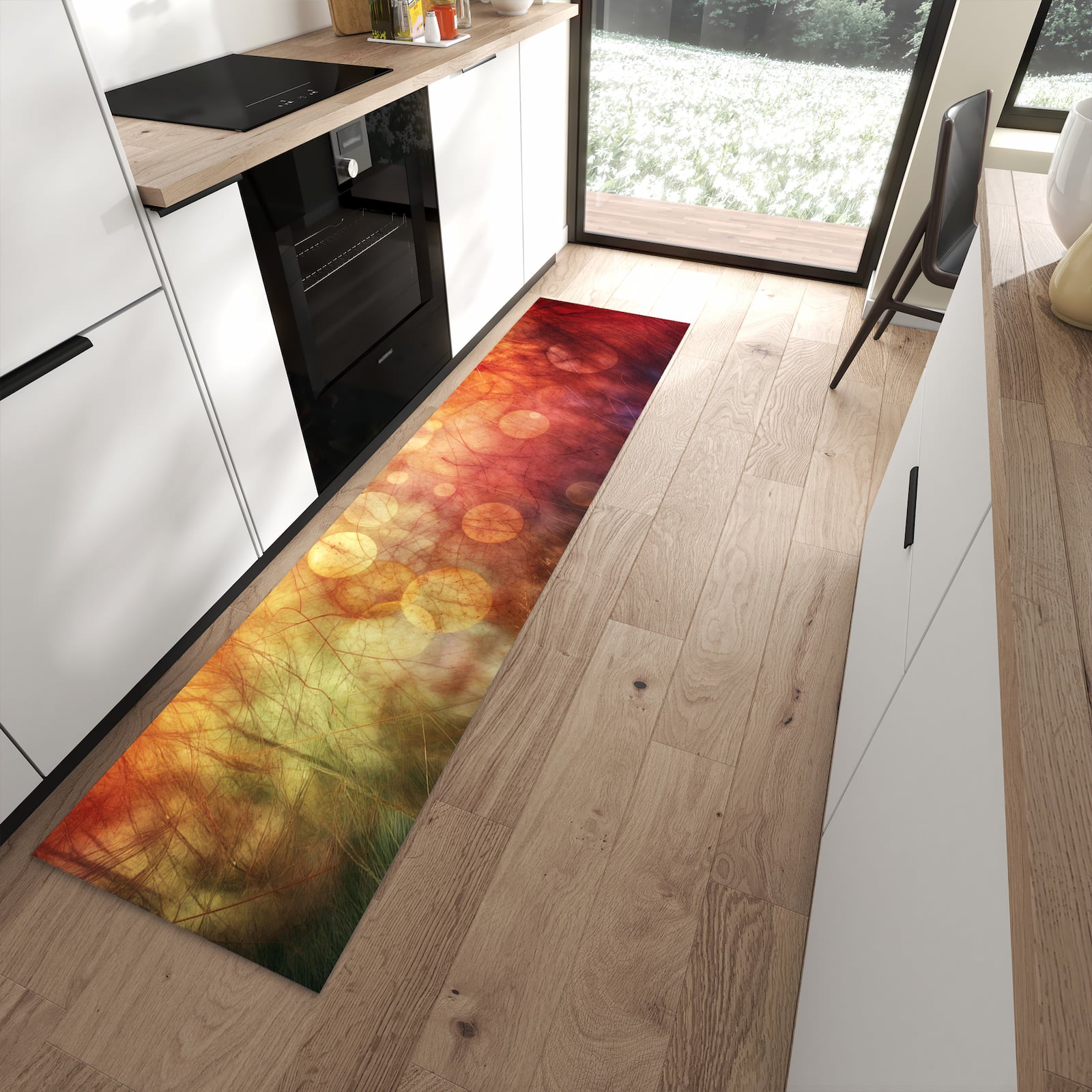 Bodenschonender Küchenteppich mit Motiv Abstrakte Kreise in moderner Küche