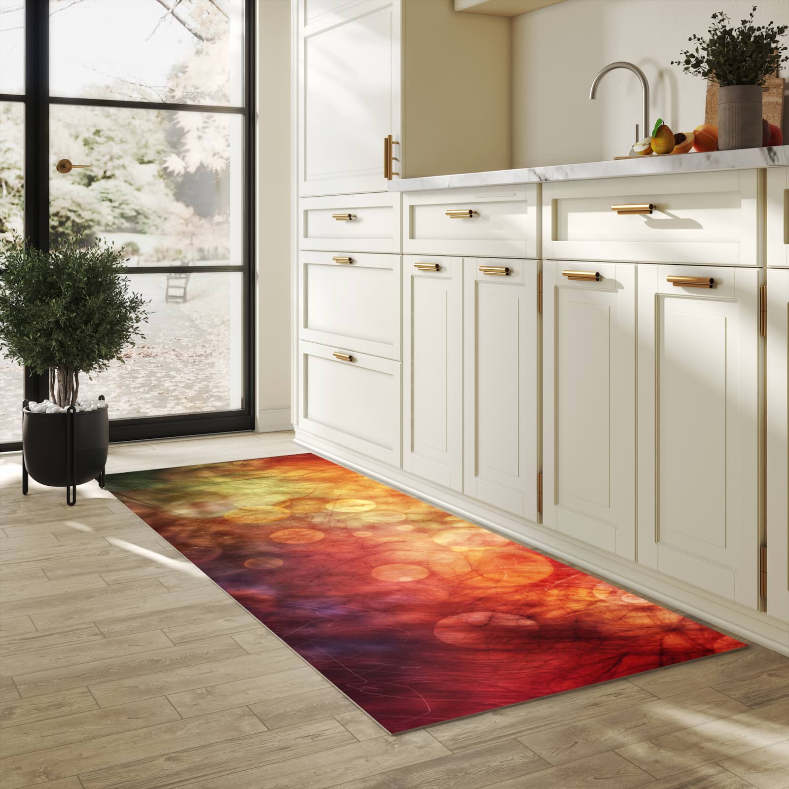 Farbbeständiger Küchenteppich mit Motiv Abstrakte Kreise in heller Küche