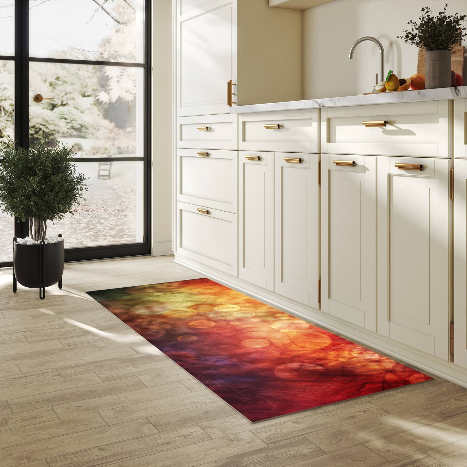 Rutschfester Küchenteppich mit Motiv Abstrakte Kreise in heller Küche