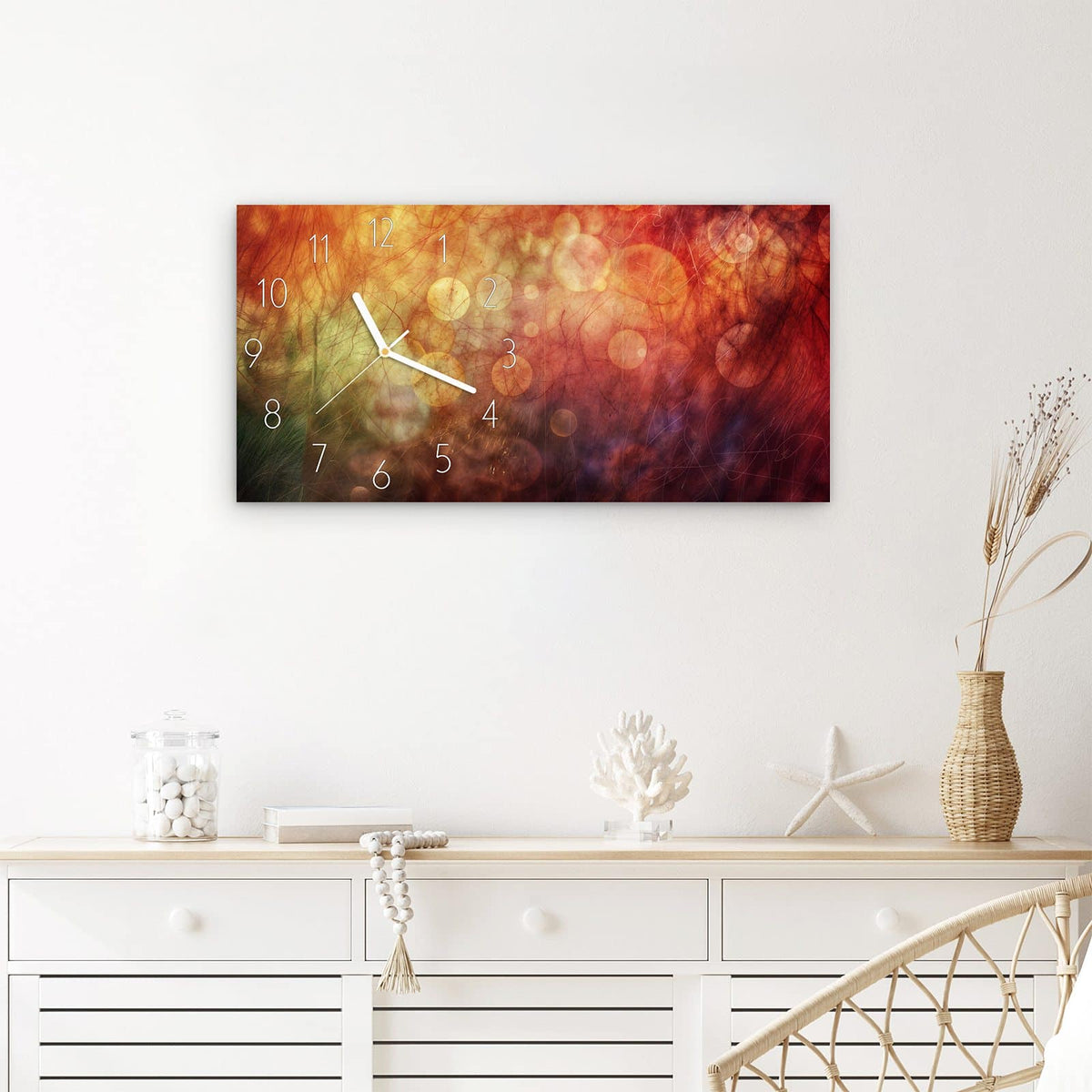 Wanduhr Abstrakte Kreise aus Glas – Querformat 60 × 30 cm – Warme Kreise wie Bokeh