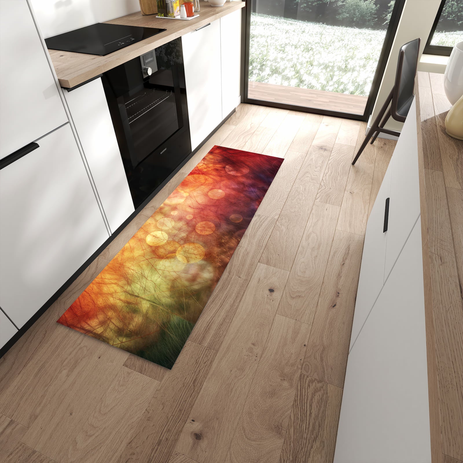 Feuchtigkeitsresistenter Küchenvorleger mit Motiv Abstrakte Kreise in moderner Küche