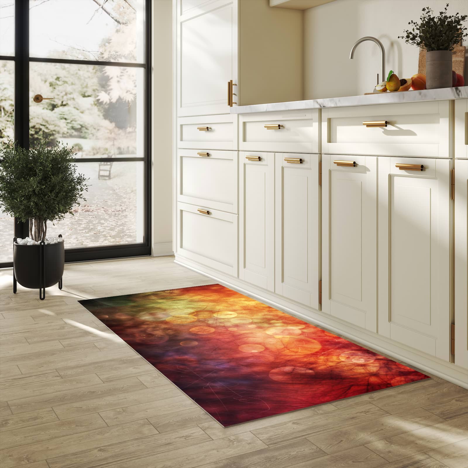 Bodenschonender Küchenteppich mit Motiv Abstrakte Kreise in heller Küche