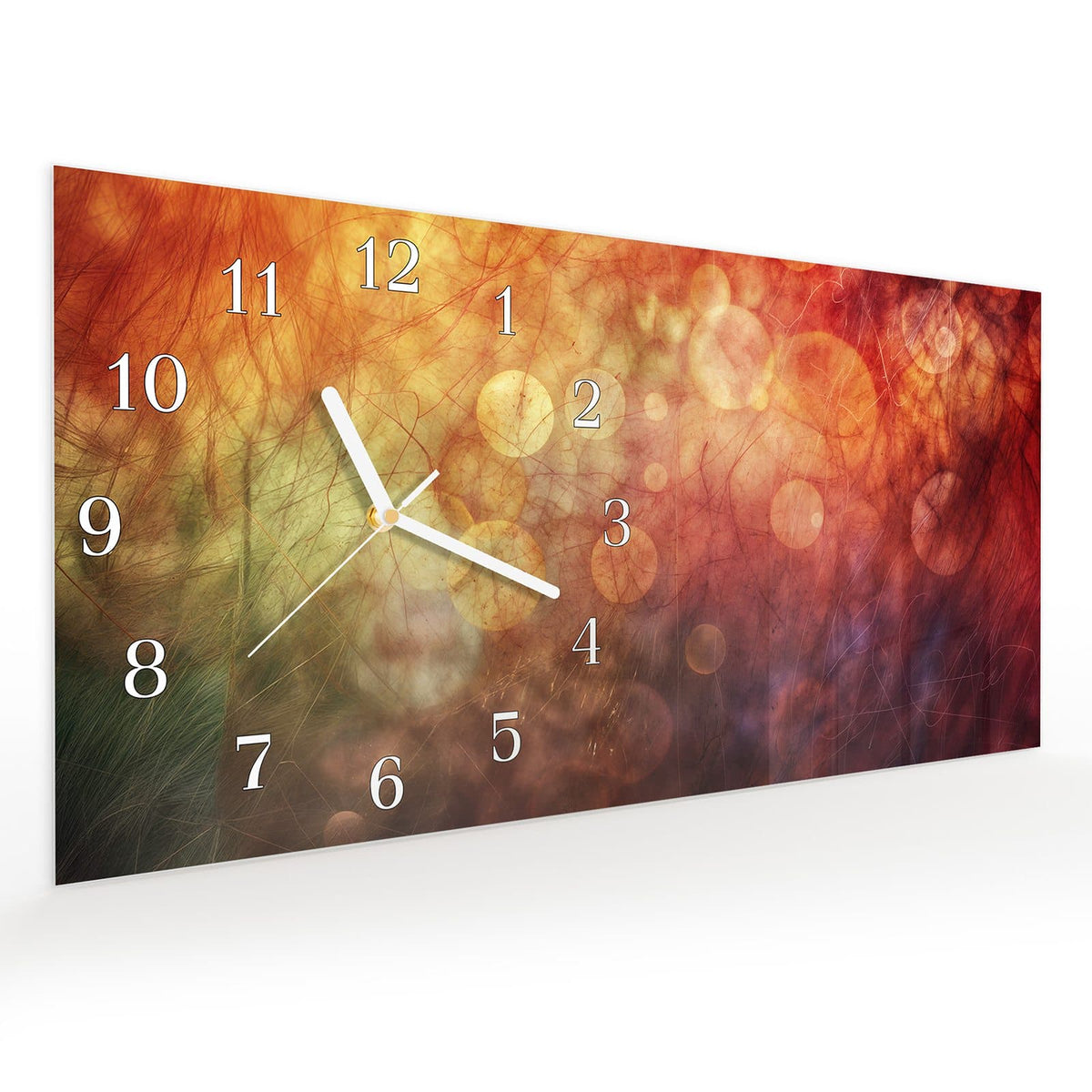 Vormontiert – mit Schwebeeffekt – Wanduhr Abstrakte Kreise aus Glas – Querformat 60 × 30 cm
