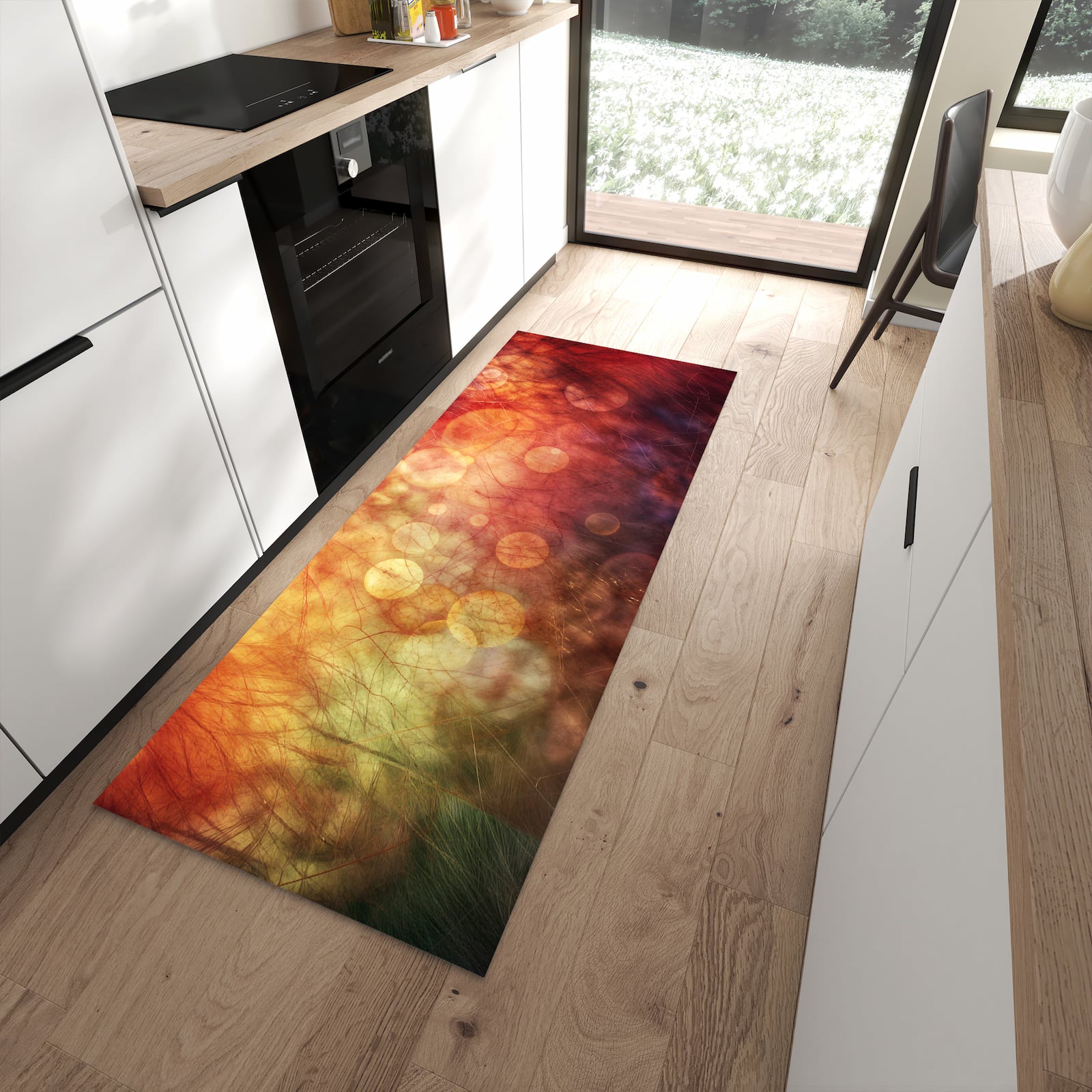 Formstabiler waschbarer Läufer für die Küche mit Motiv Abstrakte Kreise in moderner Küche