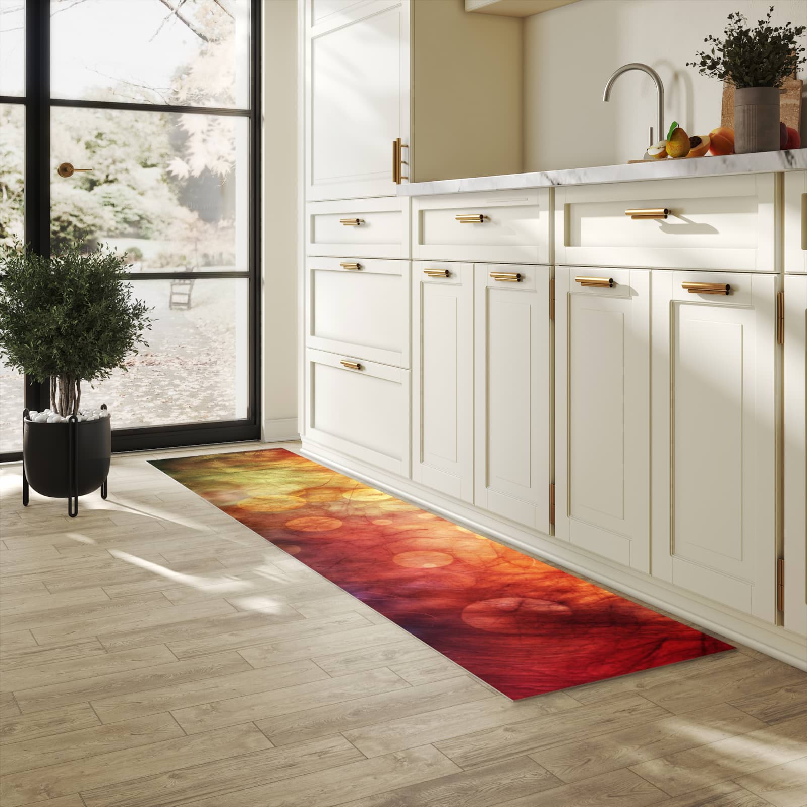 Strapazierfähiger abwaschbarer Küchenläufer mit Motiv Abstrakte Kreise in heller Küche