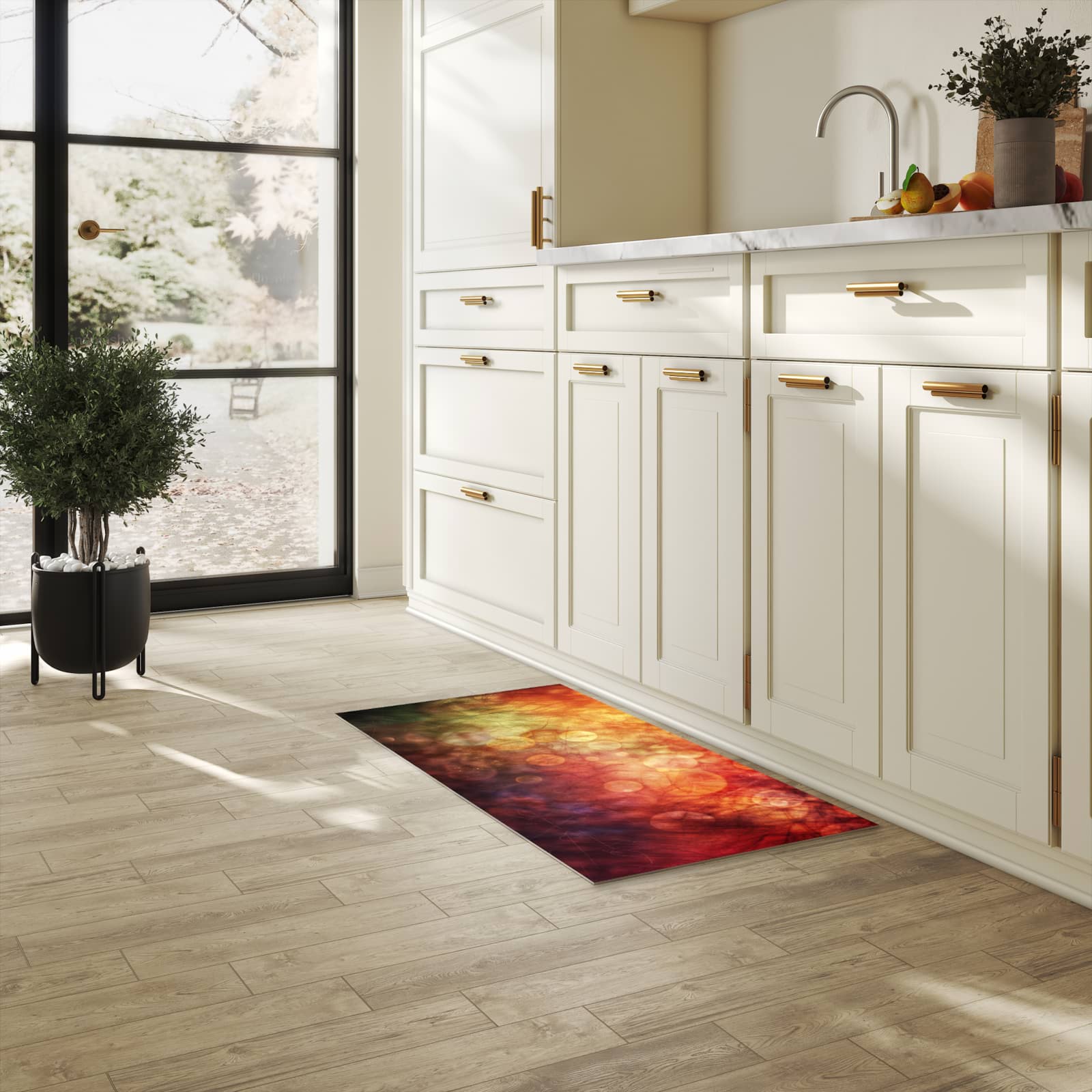 Rutschfester Küchenläufer mit Motiv Abstrakte Kreise in heller Küche