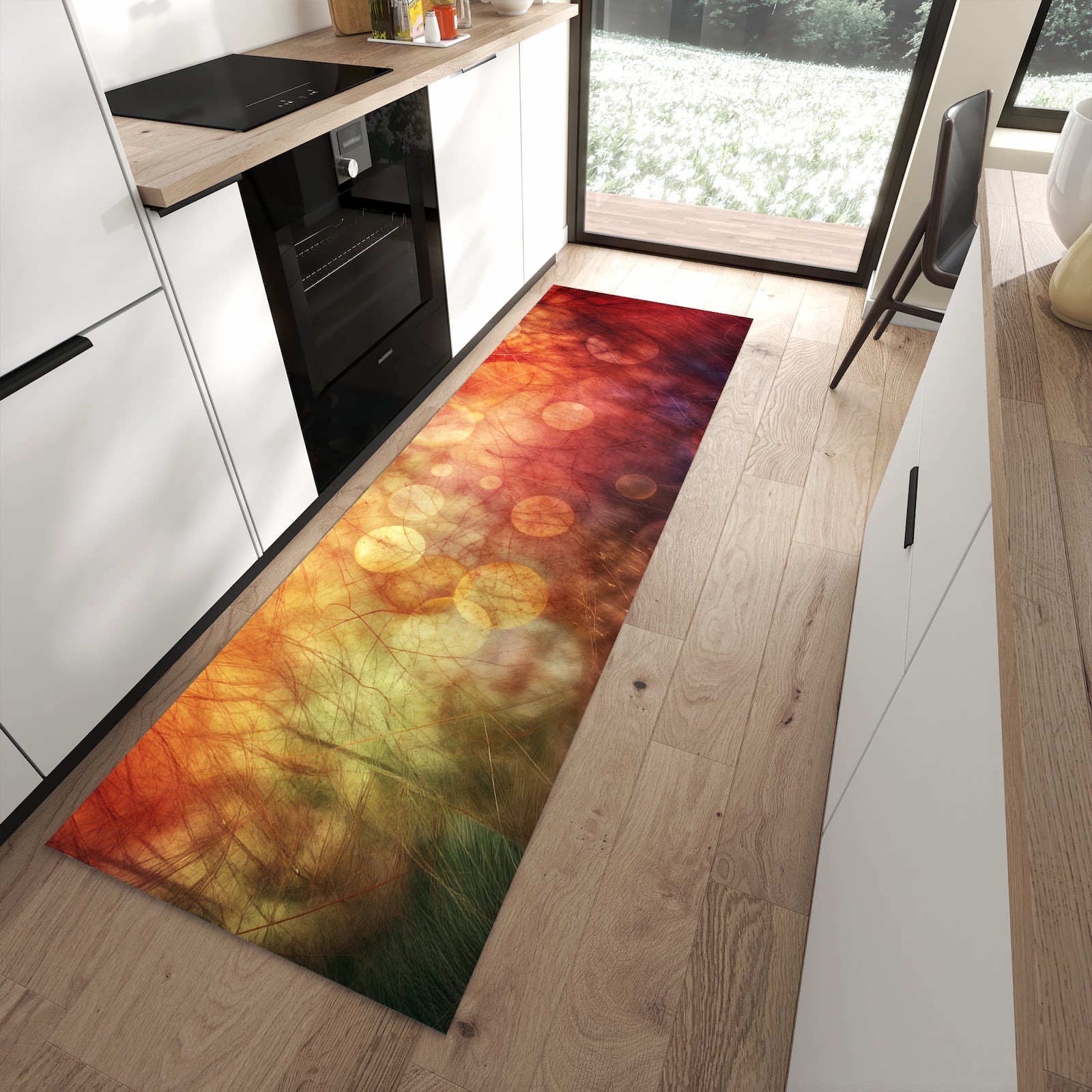 Waschbarer Küchenläufer mit Motiv Abstrakte Kreise in moderner Küche für sichere Aufbewahrung