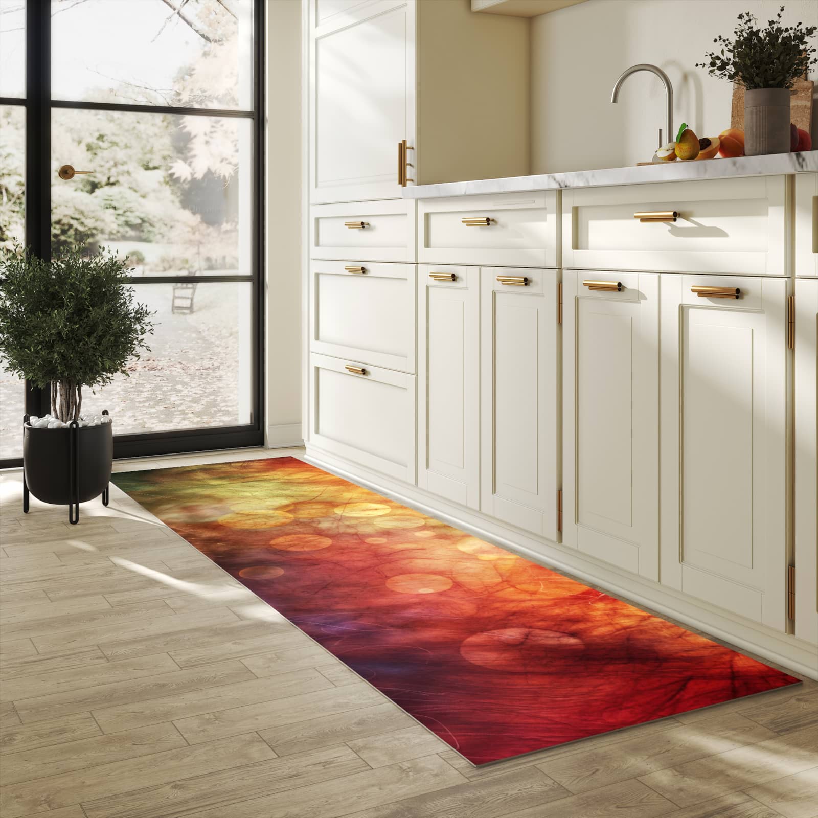 Bodenschonender Küchenteppich mit Motiv Abstrakte Kreise in heller Küche