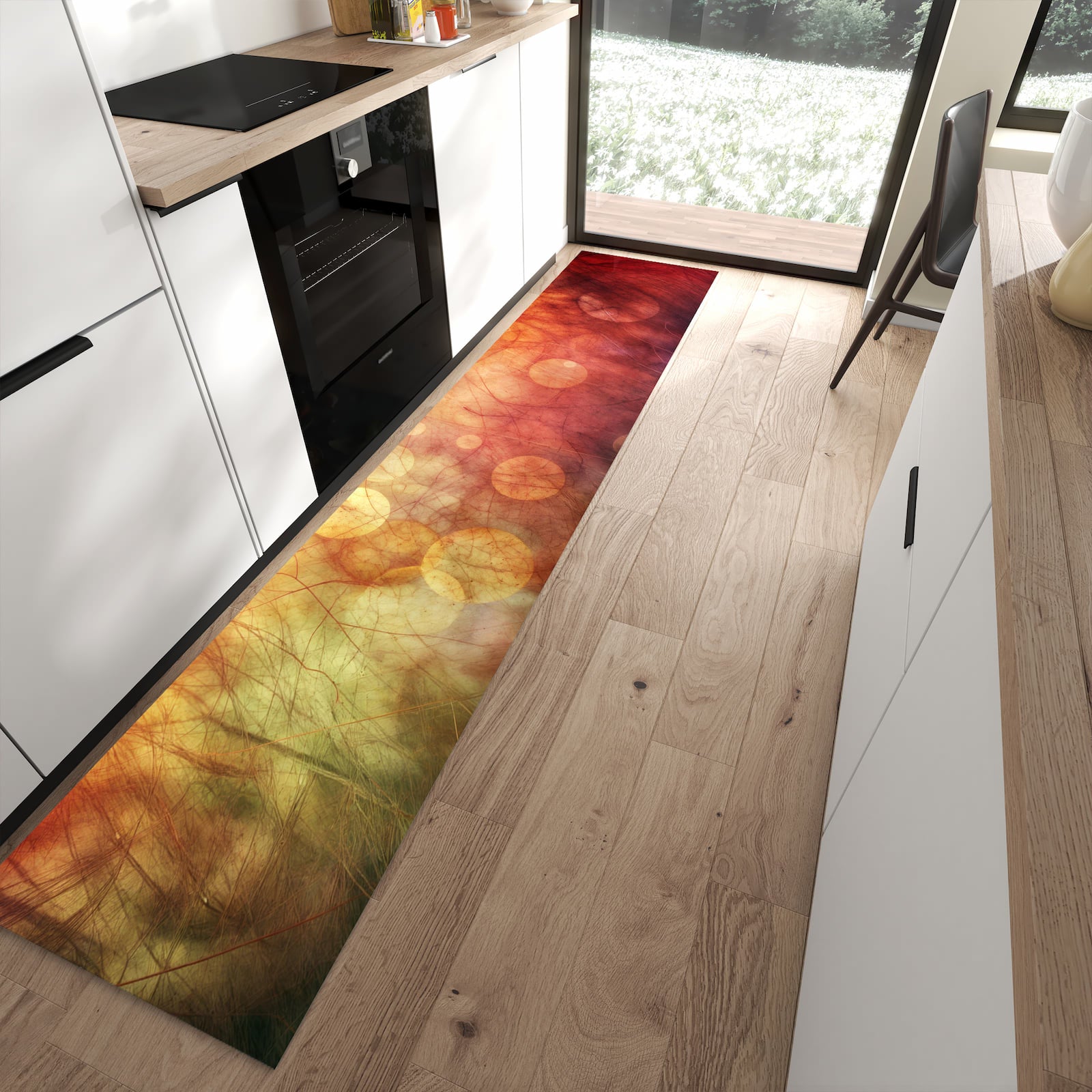 Bodenschonender Küchenläufer mit Motiv Abstrakte Kreise in moderner Küche