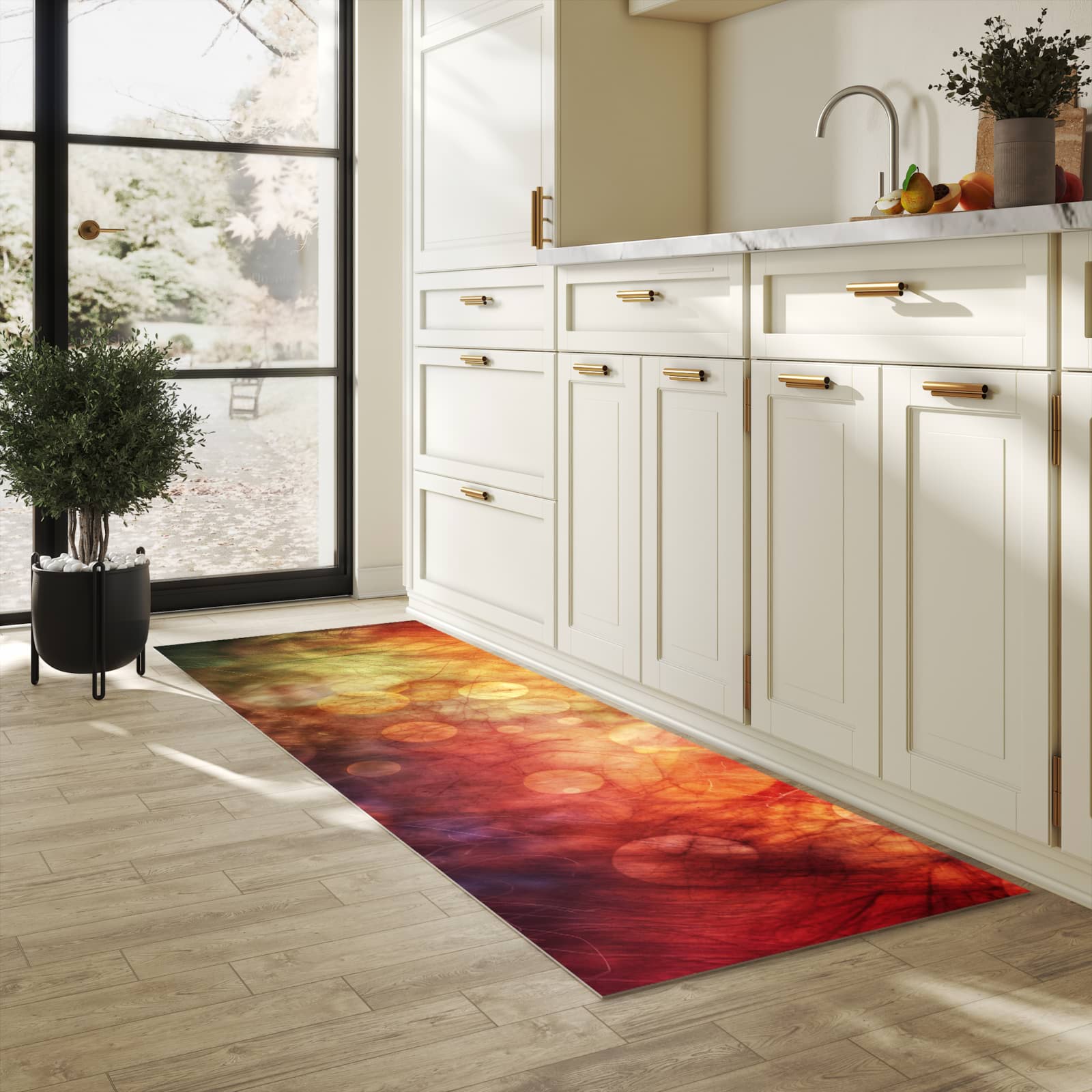 Feuchtigkeitsresistenter Teppich für Küche mit Motiv Abstrakte Kreise in heller Küche