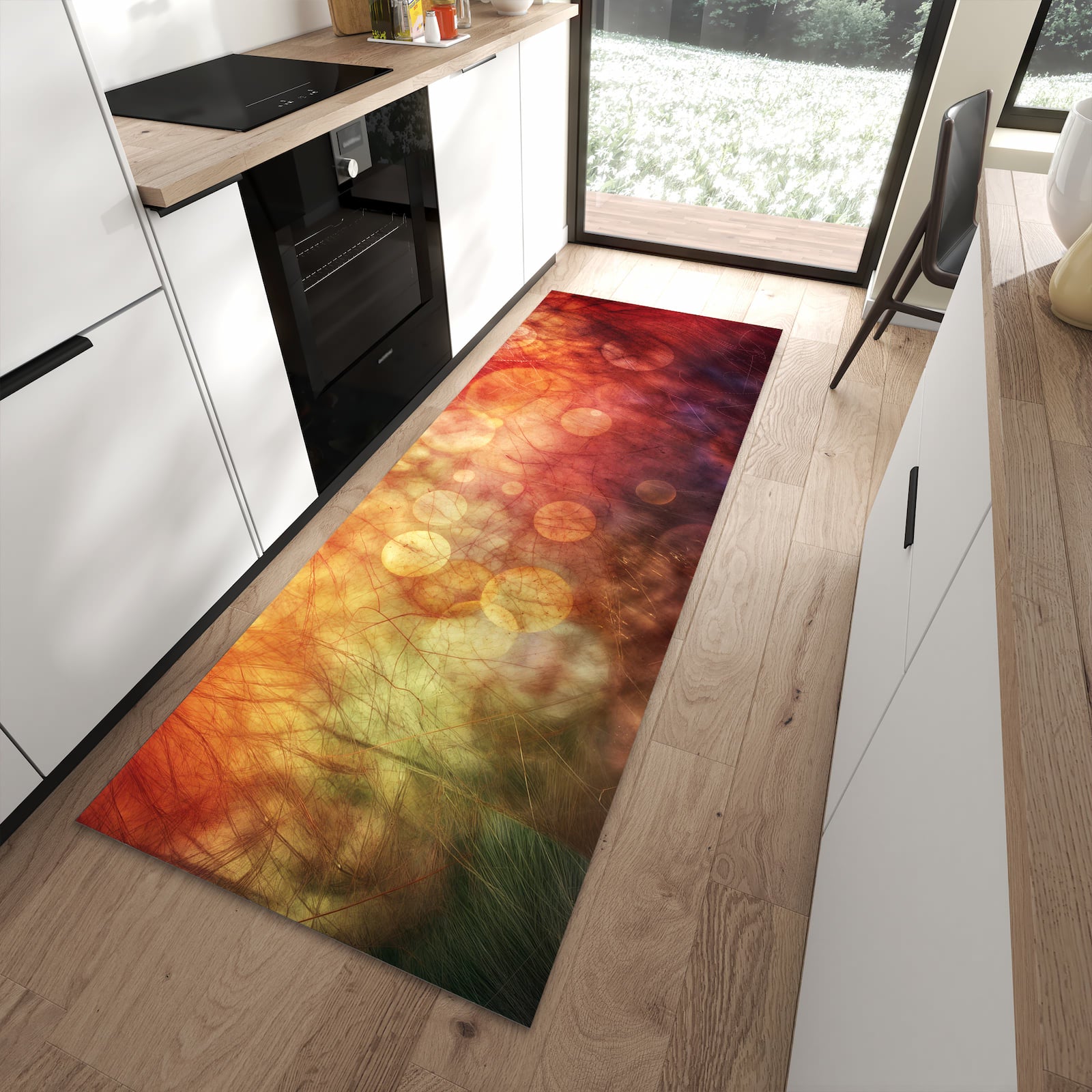 UV-beständiger dünner Teppich mit Motiv Abstrakte Kreise in moderner Küche