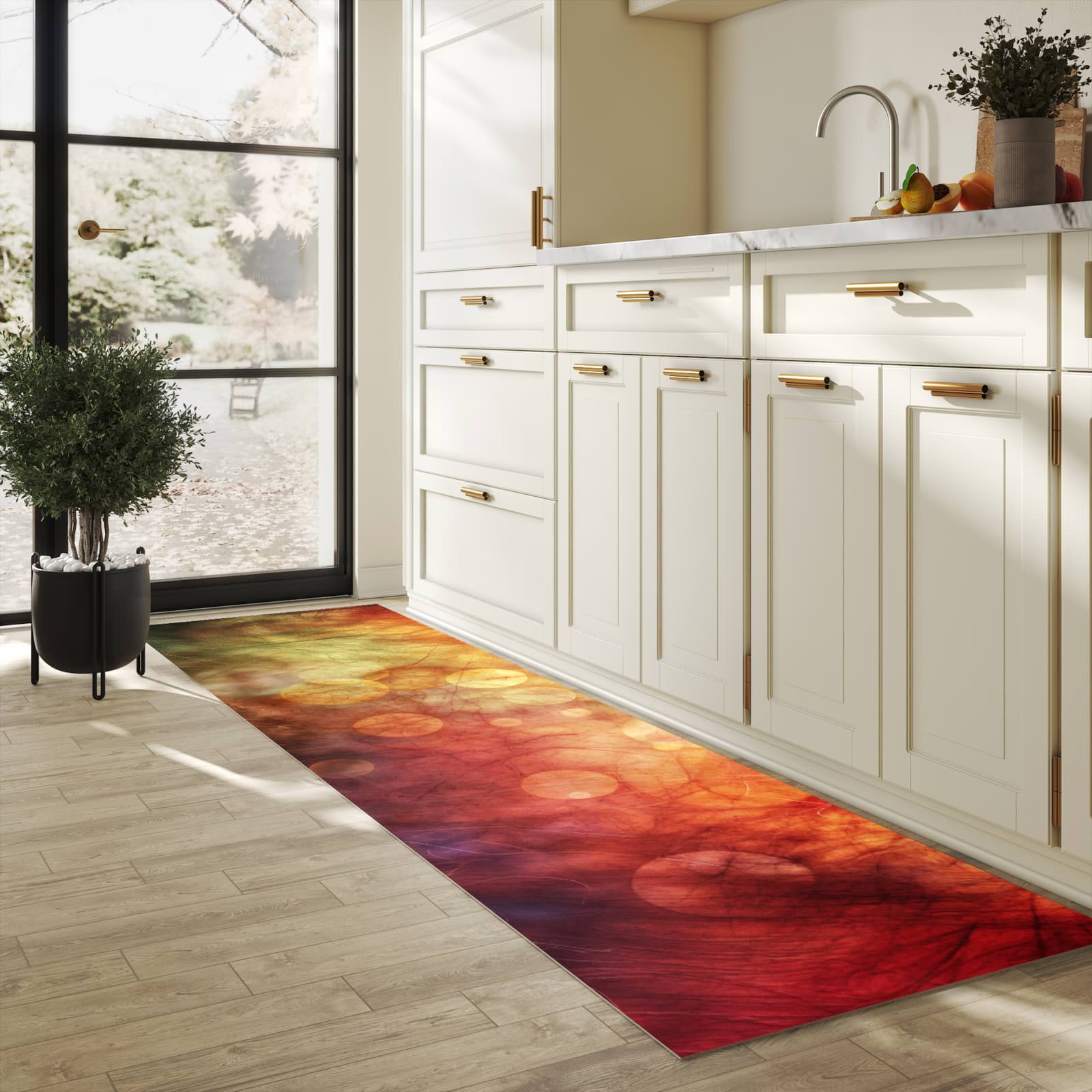 Küchenteppich mit Motiv Abstrakte Kreise für Ordnung in heller Küche