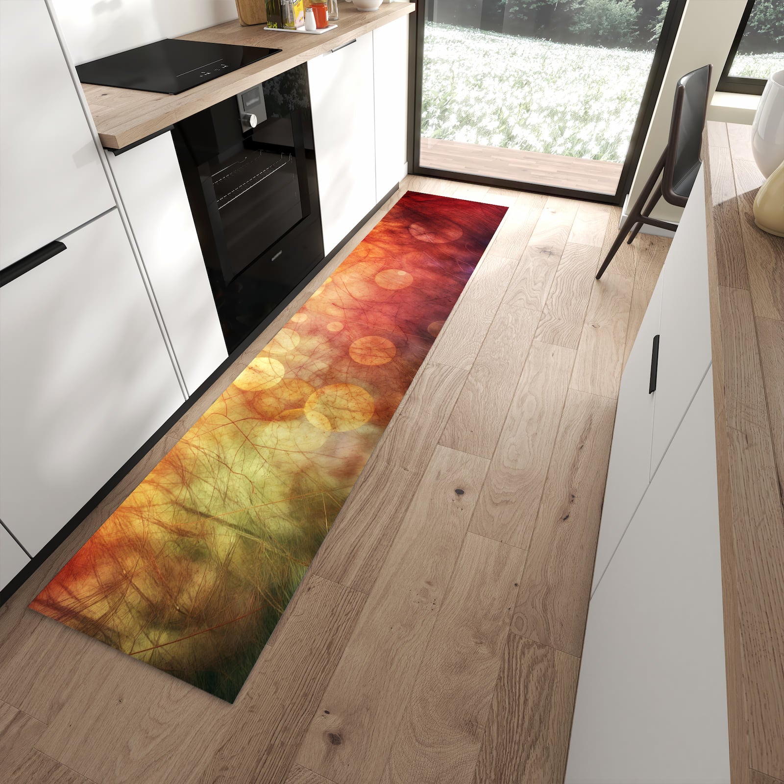 Ordnungsschaffender Küchenläufer mit Motiv Abstrakte Kreise in moderner Küche