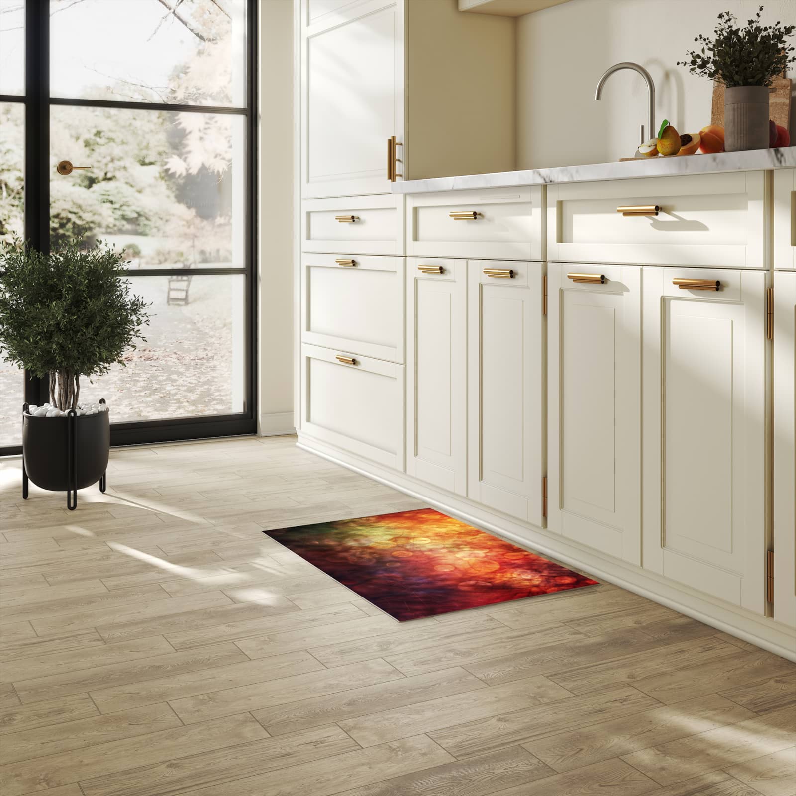 Langlebiger Küchenläufer mit Motiv Abstrakte Kreise in heller Küche