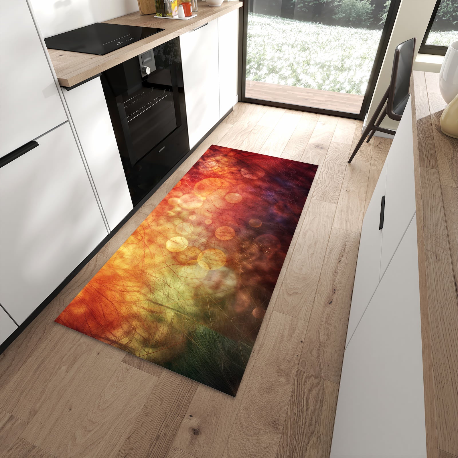 Abriebfester rutschfester Läufer mit Motiv Abstrakte Kreise in moderner Küche