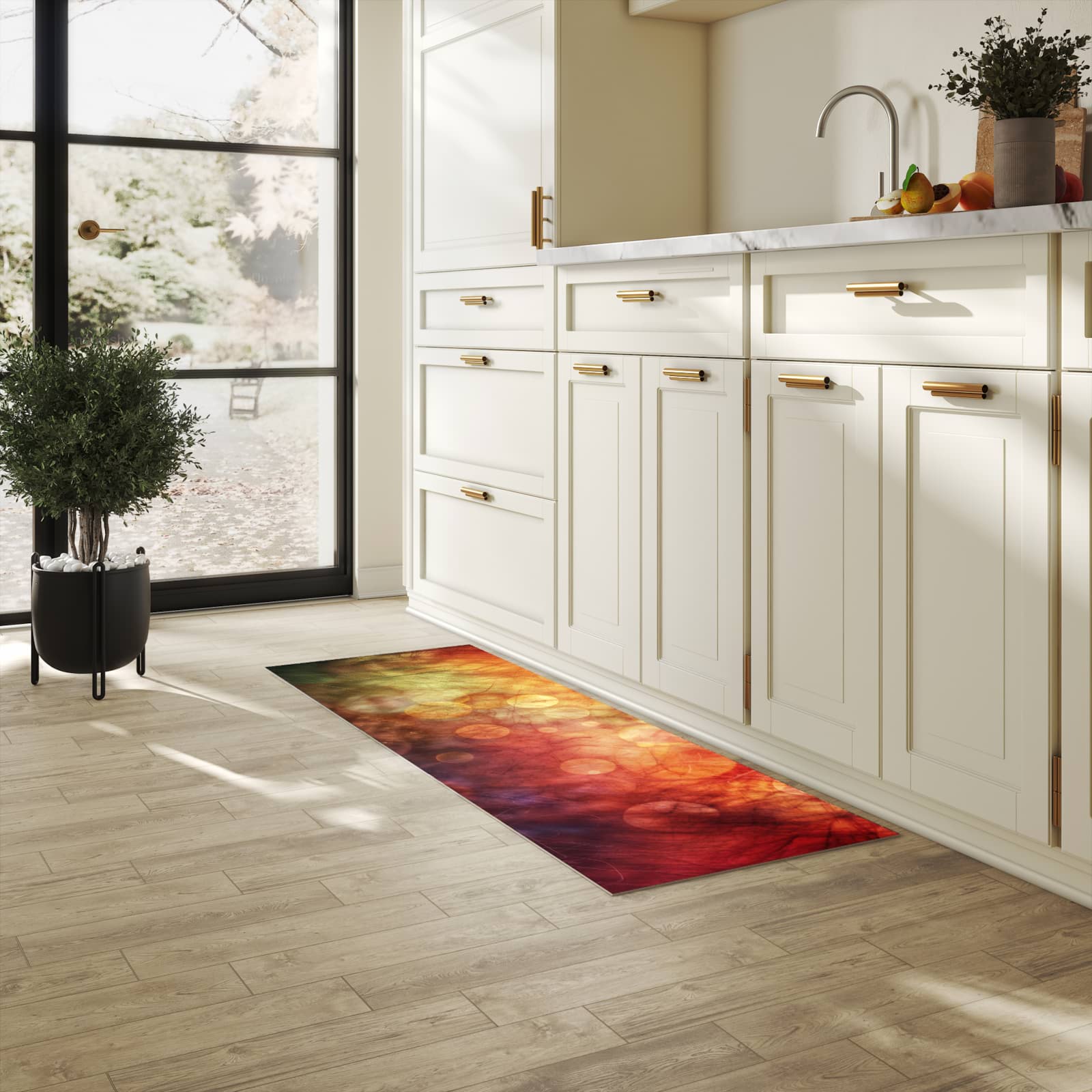 Waschbarer Küchenläufer mit Motiv Abstrakte Kreise in heller Küche für angenehme Haptik