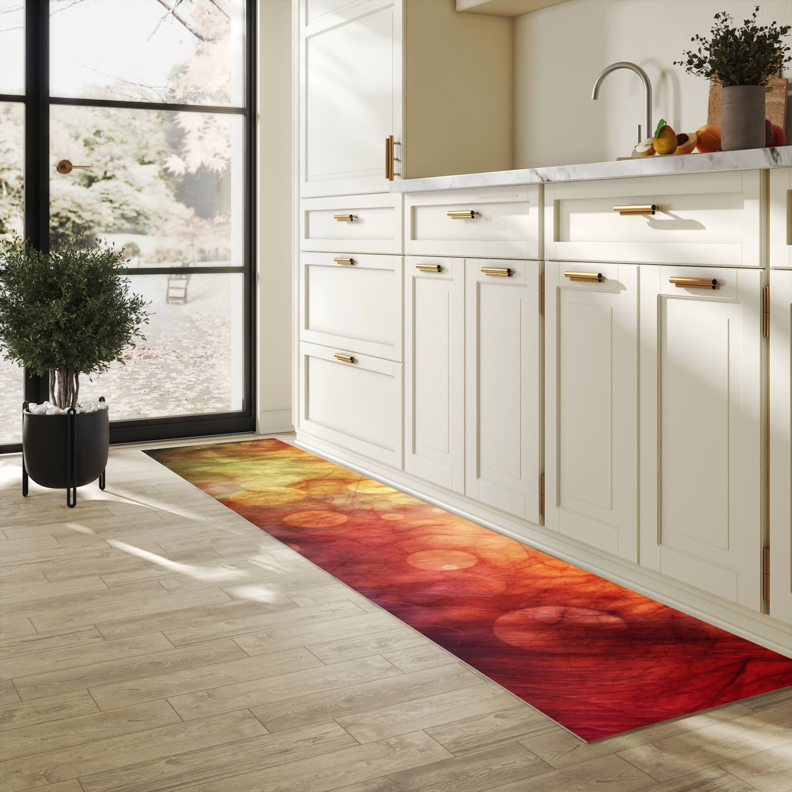 Abwaschbarer Küchenteppich mit Motiv Abstrakte Kreise in heller Küche