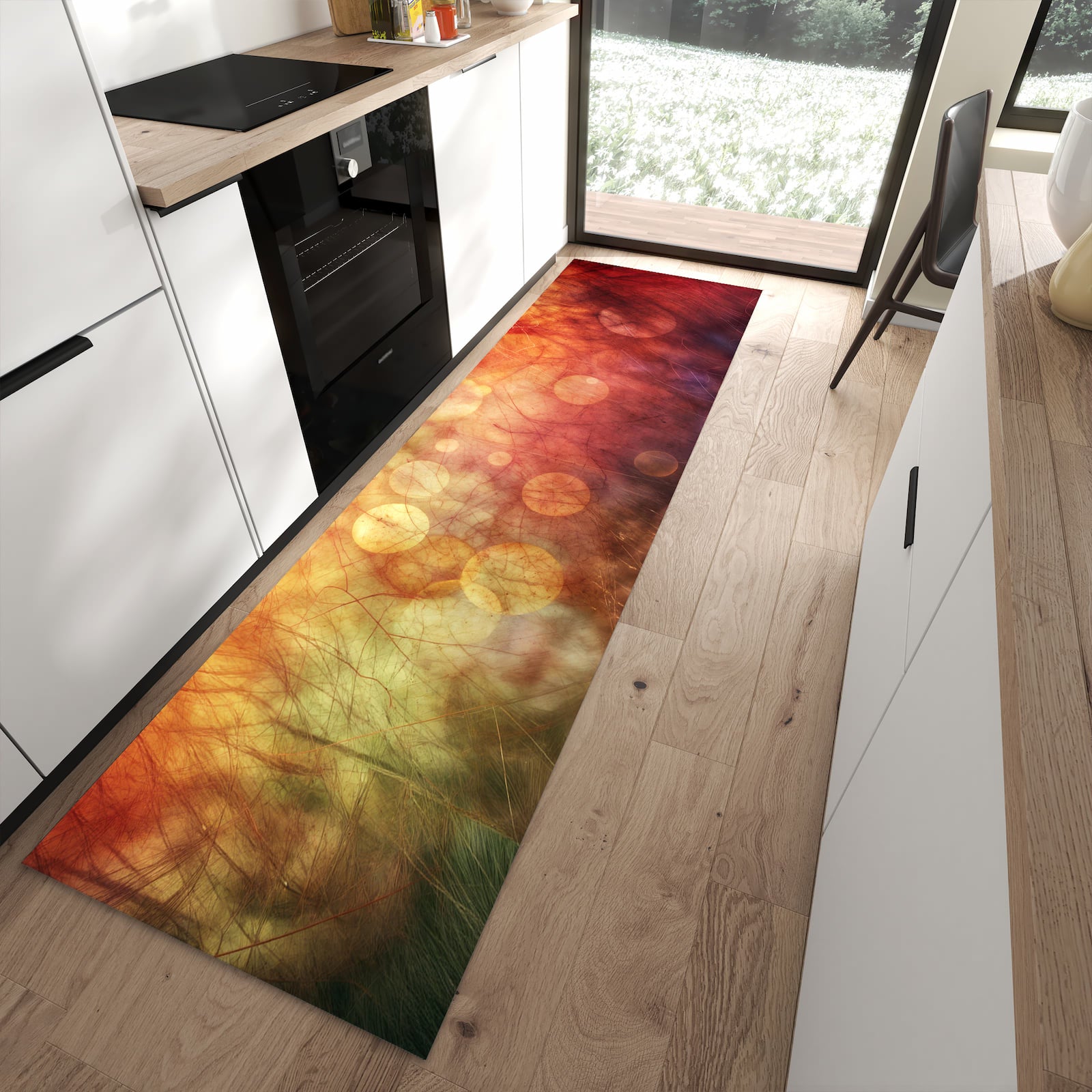 Zeitsparender langer Teppich mit Motiv Abstrakte Kreise in moderner Küche