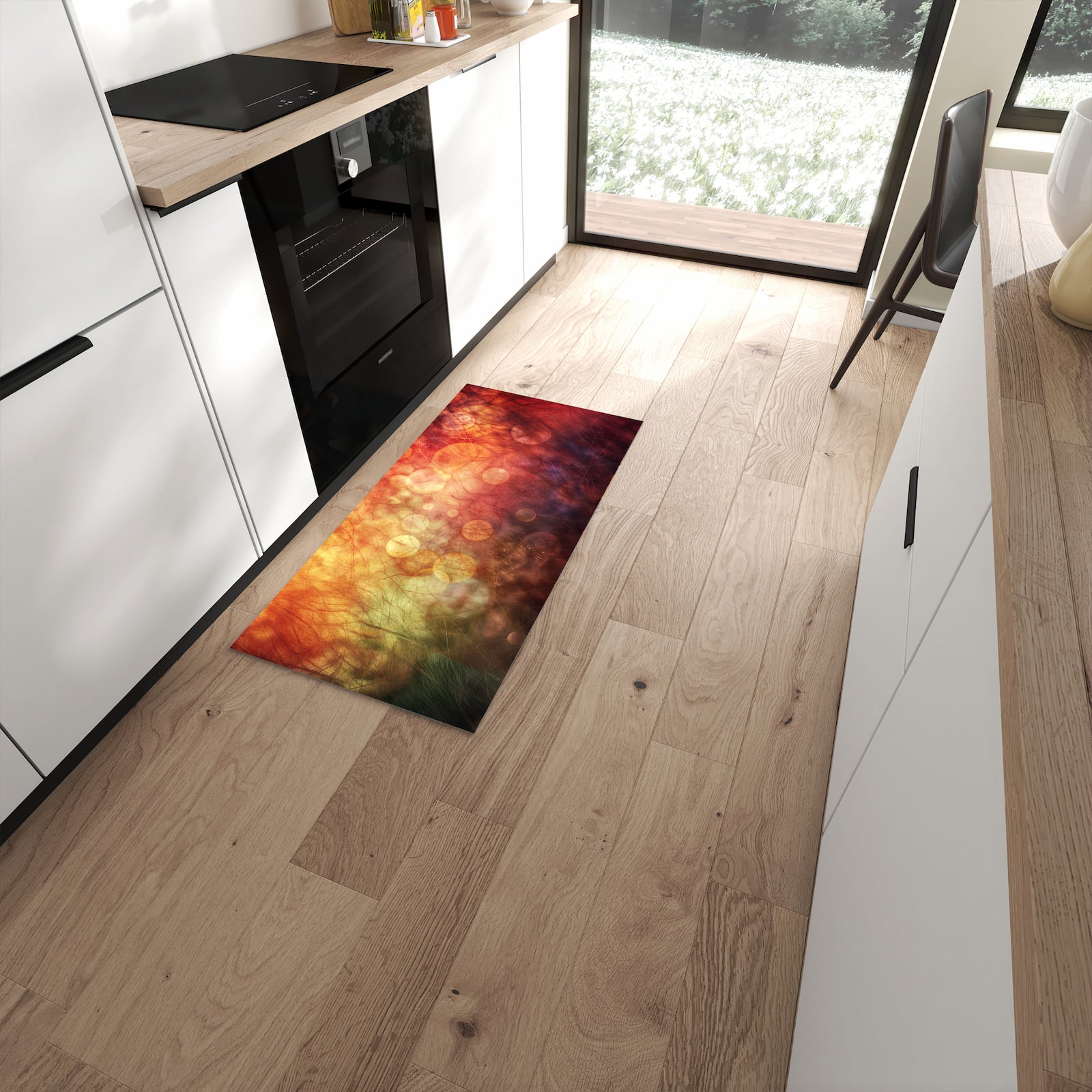 Langlebiger Küchenläufer mit Motiv Abstrakte Kreise in moderner Küche #grösse_60 x 120 cm