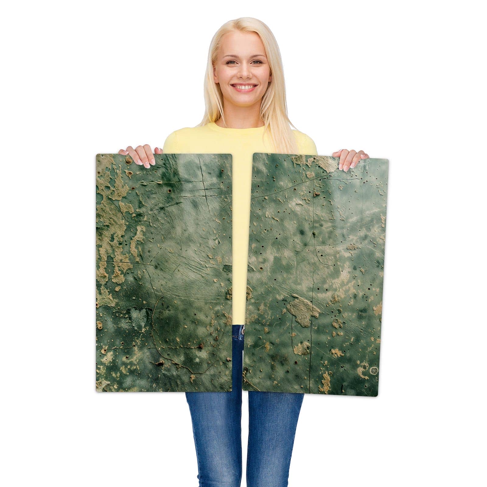 2-teilige Glasabdeckplatte für Ceranfeld mit Verwitterte Wandfarbe-Motiv wird zur Größendarstellung gehalten