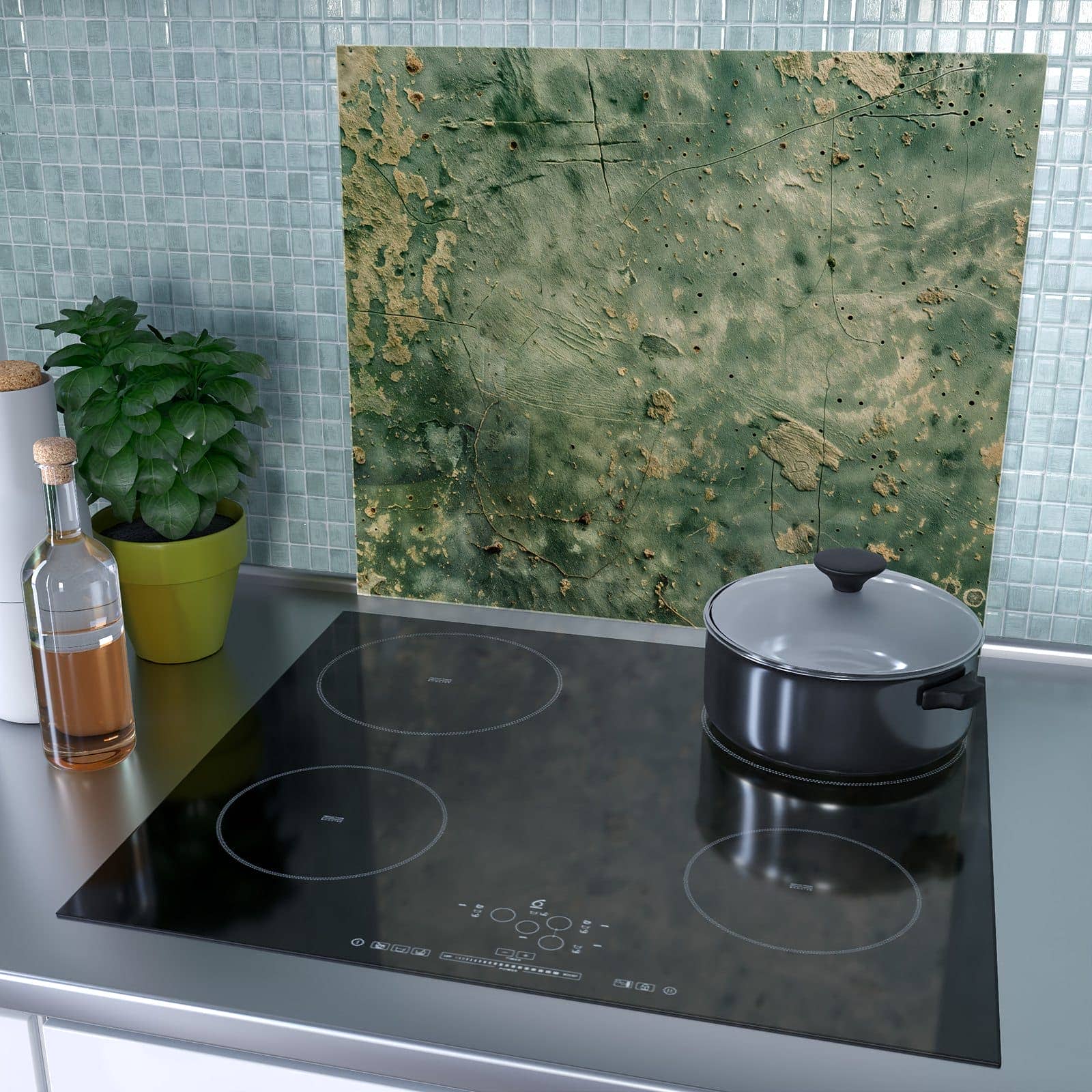 1-teilige Herdabdeckplatten aus Glas mit Verwitterte Wandfarbe-Motiv als Spritzschutz hinter dem Kochfeld