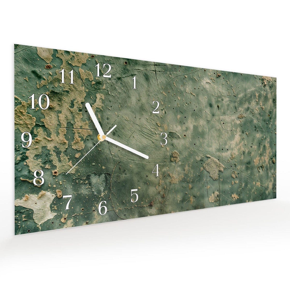 Vormontiert – mit Schwebeeffekt – Wanduhr Verwitterte Wandfarbe aus Glas – Querformat 60 × 30 cm
