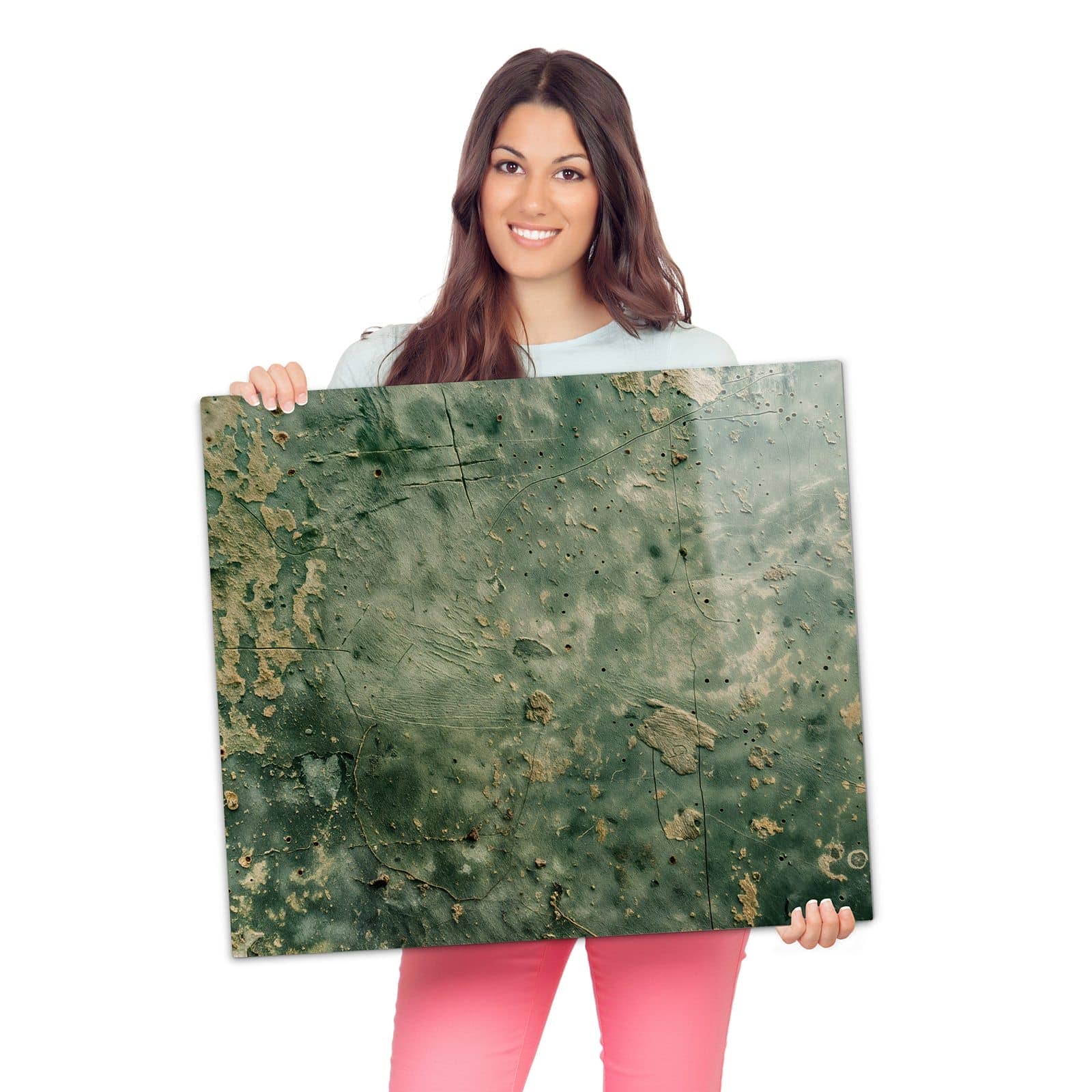 Herdabdeckplatte mit Verwitterte Wandfarbe-Motiv wird zur Größendarstellung gehalten